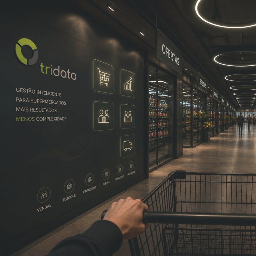 Corredor de supermercado moderno com painel Tridata: gestão inteligente para supermercados