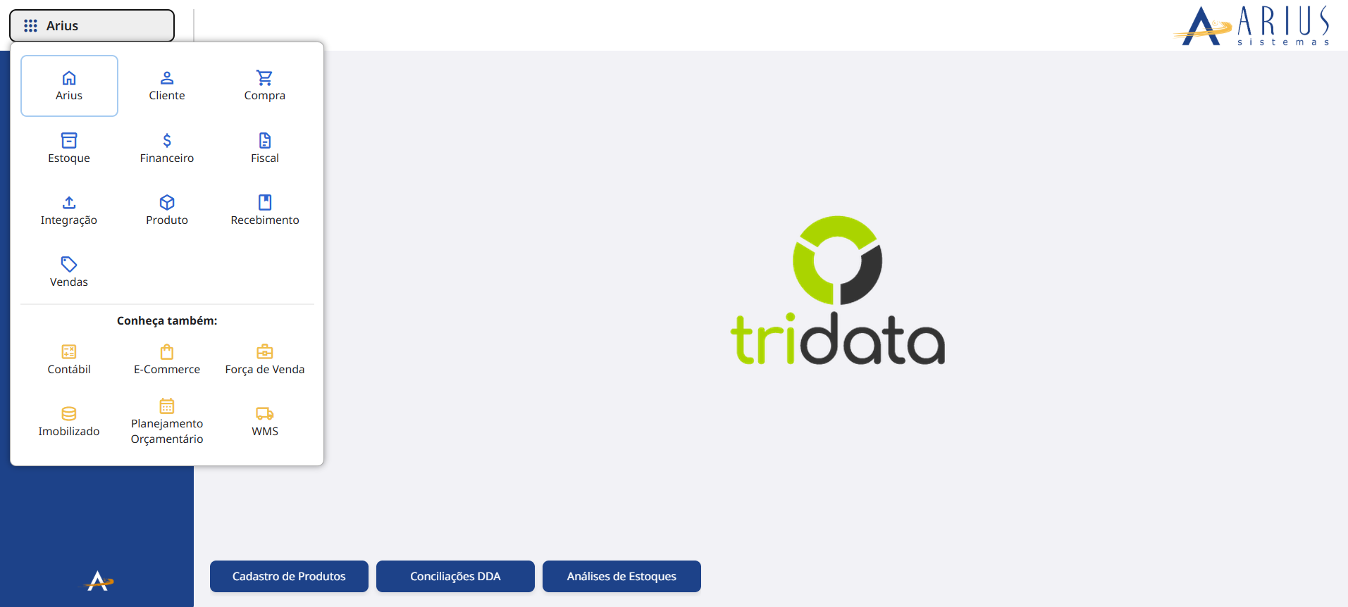 Tela principal do Arius ERP com o menu de módulos aberto